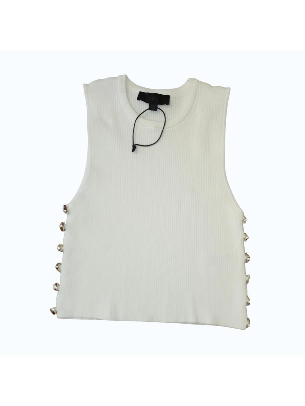 NEW Zara White Ribbed Sleeveless Top with Silver Teardrop Side Buttons Medium